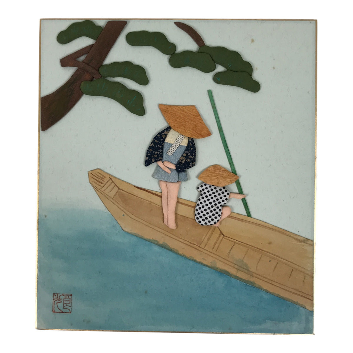 Japanese Shikishi Art Board Oshie Silk Fabric Traditional River Boat Ride A826-AD - Painting-chidorivintage.com