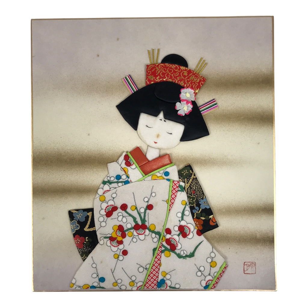 Japanese Shikishi Art Board Oshie Silk Fabric Vtg Plum Blossom Kimono Girl A828-AD - Painting-chidorivintage.com