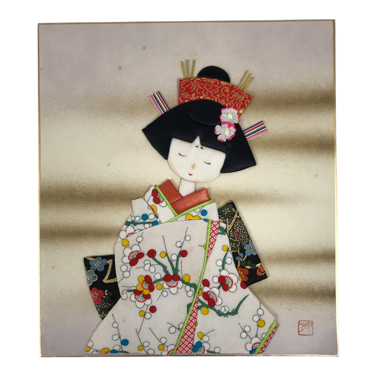 Japanese Shikishi Art Board Oshie Silk Fabric Vtg Plum Blossom Kimono Girl A828-AD - Painting-chidorivintage.com