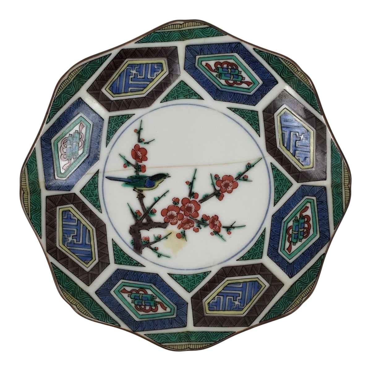 Japanese Kutani Porcelain Small Plate Kozara Bird Plum Blossoms Blue Green Y605-KT - Plate-chidorivintage.com