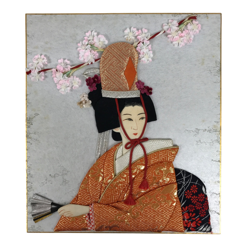 Japanese Shikishi Art Board Oshie Silk Fabric Vtg Kimono Woman Pink Flowers A829-AD - Painting-chidorivintage.com
