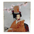 Japanese Shikishi Art Board Oshie Silk Fabric Vtg Kimono Woman Pink Flowers A829-AD - Painting-chidorivintage.com