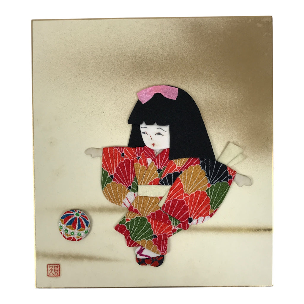 Japanese Shikishi Art Board Oshie Silk Fabric Vtg Kimono Girl Temari Ball A830-AD - Painting-chidorivintage.com
