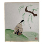 Japanese Shikishi Art Board Oshie Silk Fabric Vtg Kimono Man Pond Frog A831-AD - Painting-chidorivintage.com