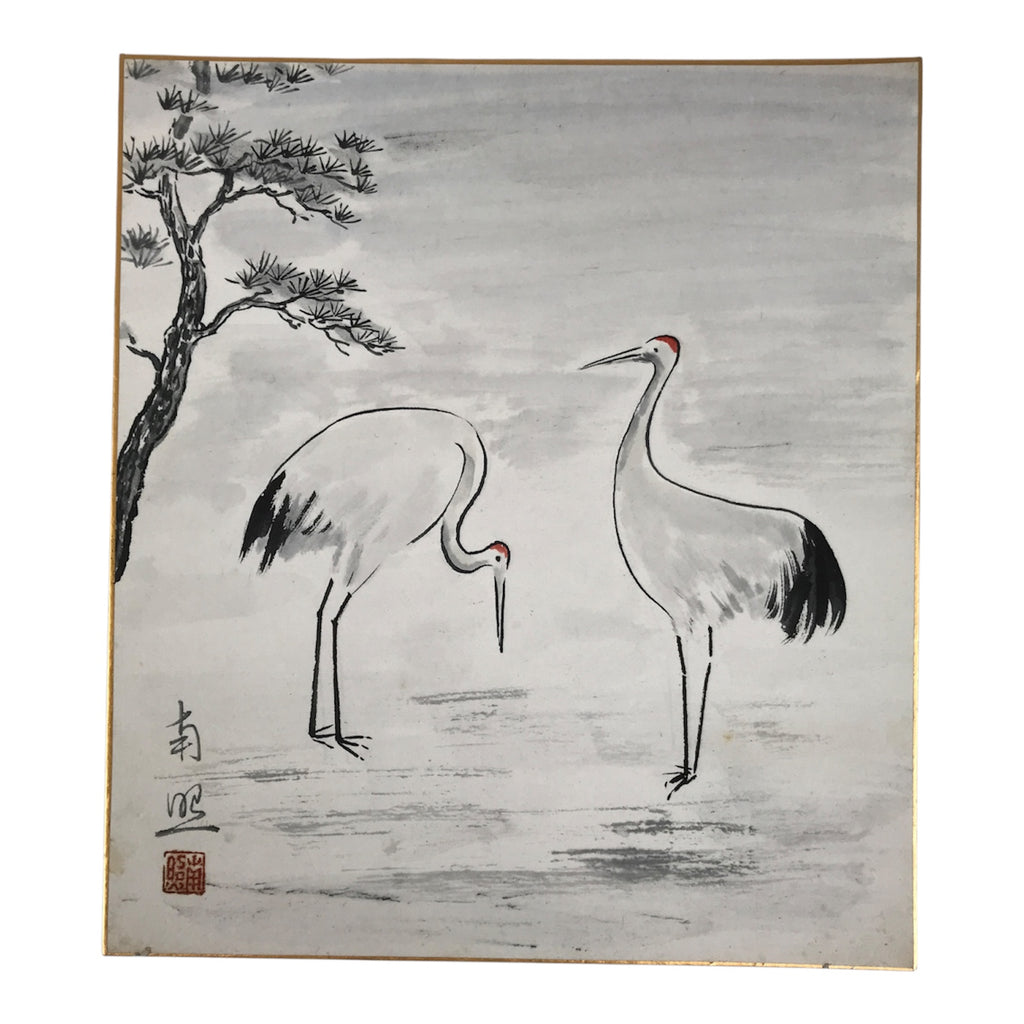 Japanese Shikishi Art Board Vtg Painting Two Cranes Tsuru Tanchou White Red A833-AD - Painting-chidorivintage.com