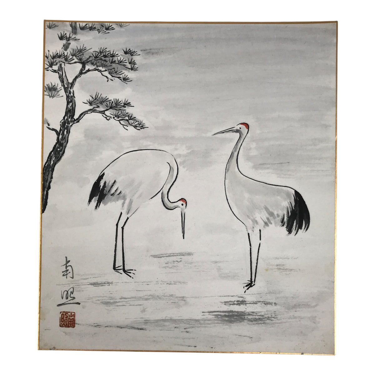 Japanese Shikishi Art Board Vtg Painting Two Cranes Tsuru Tanchou White Red A833-AD - Painting-chidorivintage.com