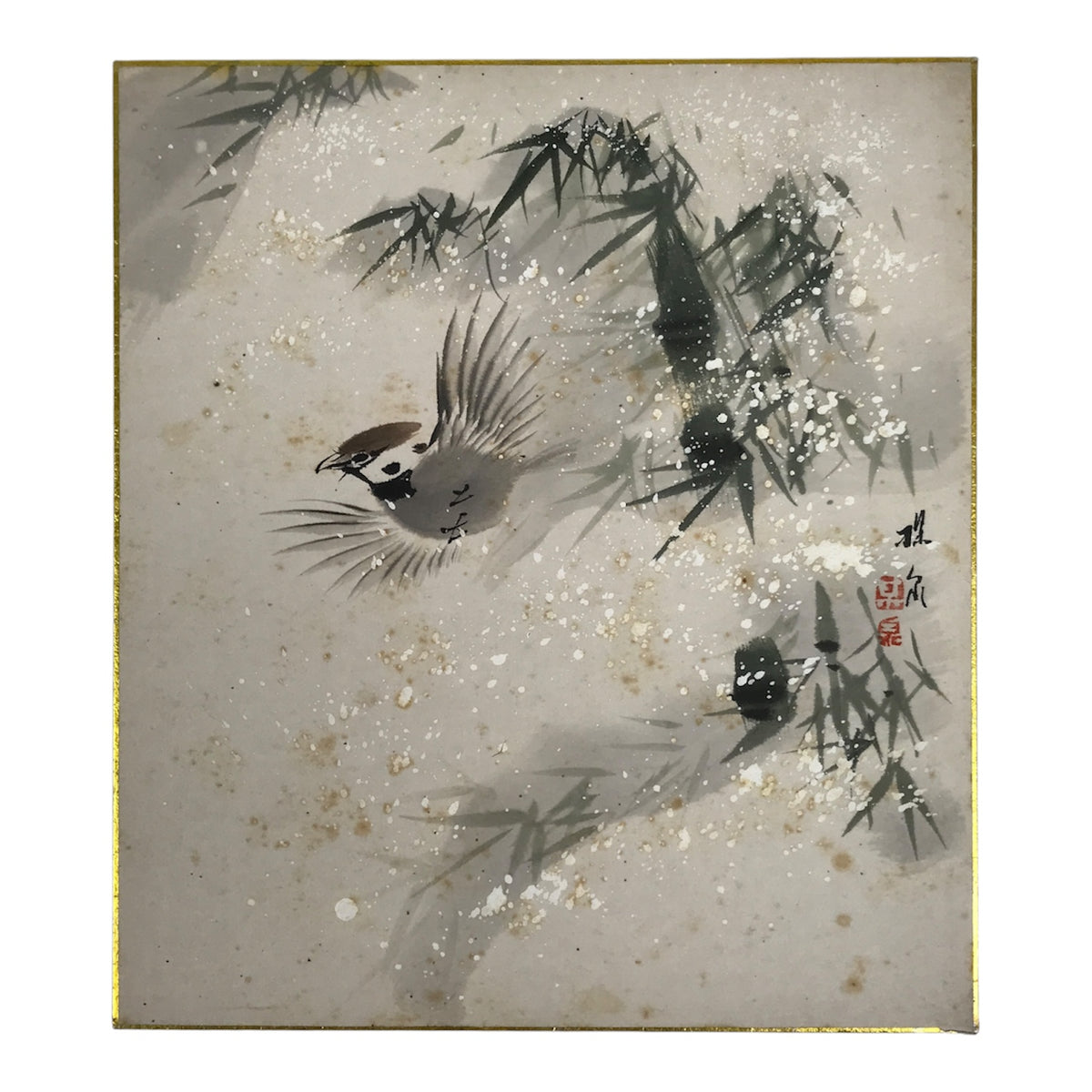 Japanese Shikishi Art Board Vtg Painting Suzume Sparrow Bird Winter Bamboo A834-AD - Painting-chidorivintage.com