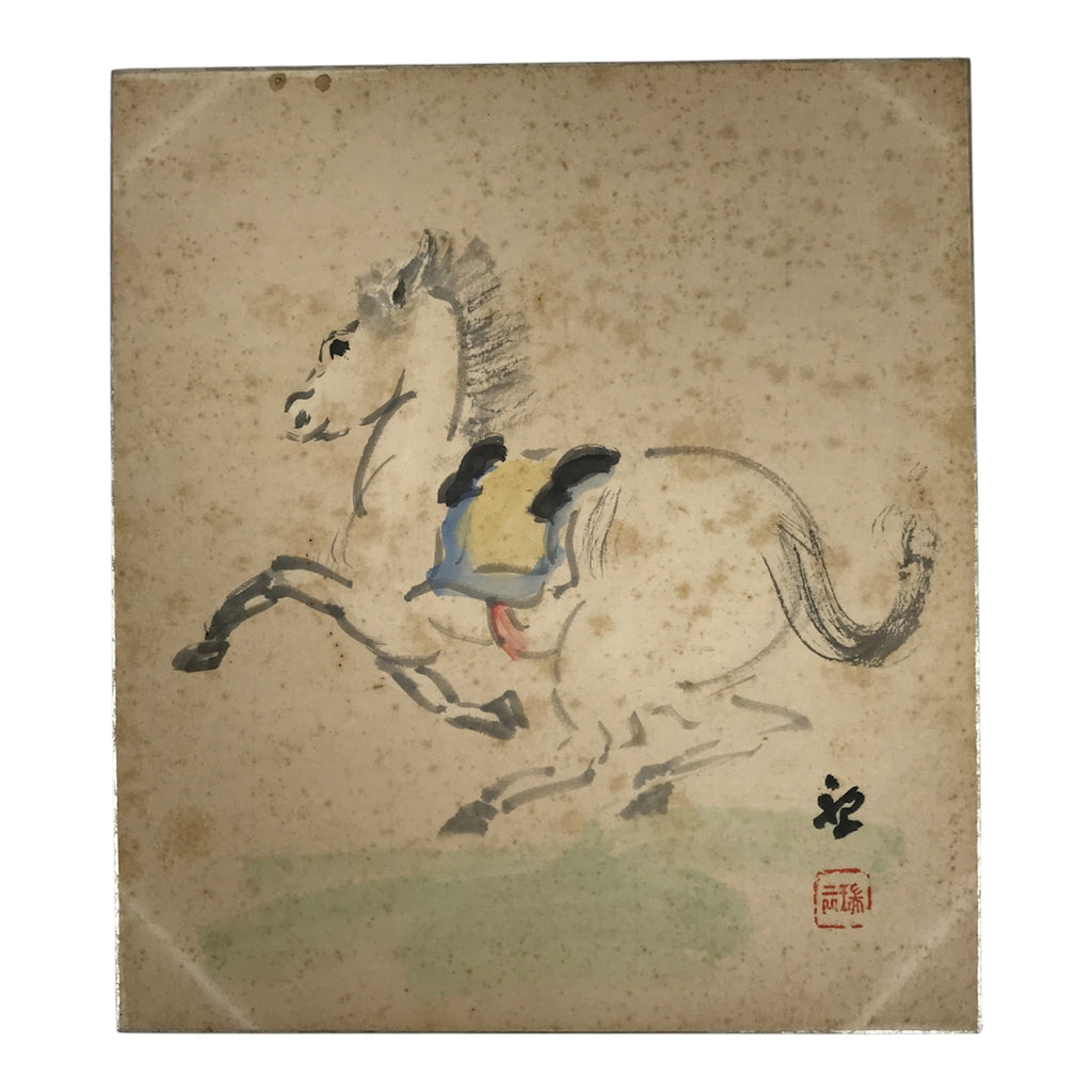 Japanese Shikishi Art Board Vtg Painting Zodiac Prancing White Horse Uma A836-AD - Painting-chidorivintage.com