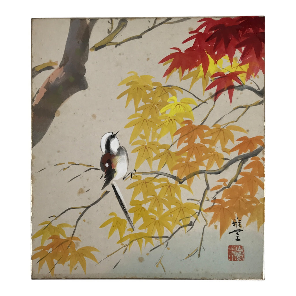 Japanese Shikishi Art Board Vtg Painting Autumn Leaves Momiji Small Bird A839-AD - Painting-chidorivintage.com
