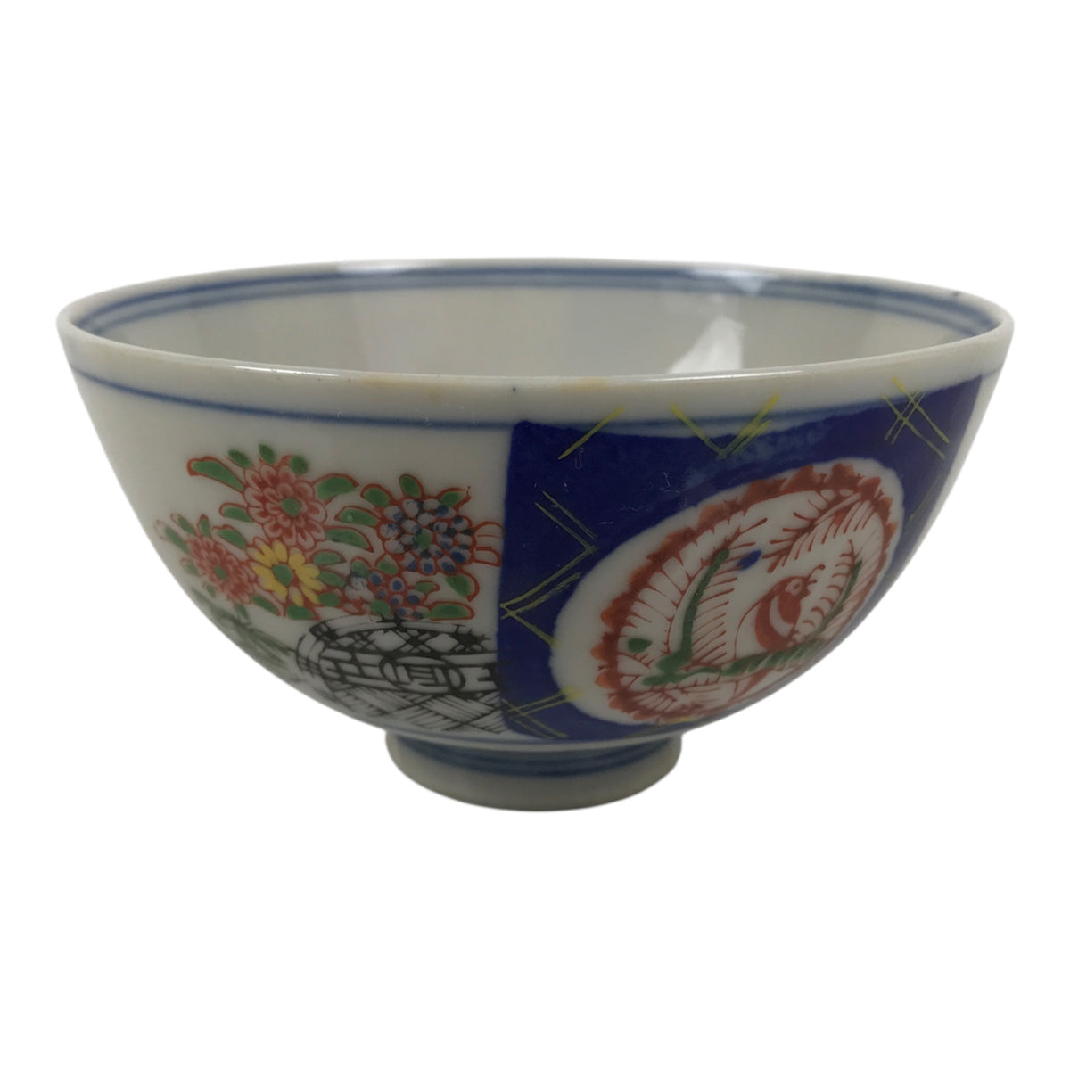 Japanese Porcelain Rice Bowl Chawan Vtg White Blue Red Floral Bird Lattice Y615-KT - Bowl-chidorivintage.com