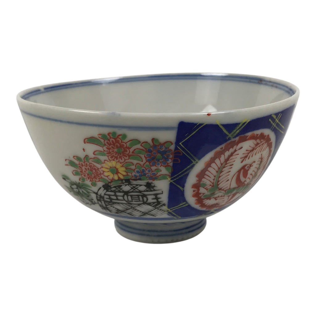 Japanese Porcelain Rice Bowl Chawan Vtg White Blue Red Floral Bird Lattice Y616-KT - Bowl-chidorivintage.com