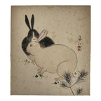 Japanese Shikishi Art Board Vtg Painting Zodiac Black White Rabbits Usagi A840-AD - Painting-chidorivintage.com