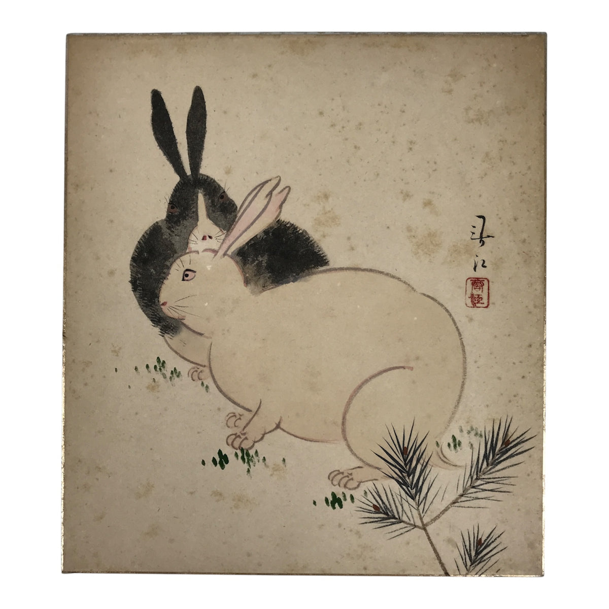 Japanese Shikishi Art Board Vtg Painting Zodiac Black White Rabbits Usagi A840-AD - Painting-chidorivintage.com