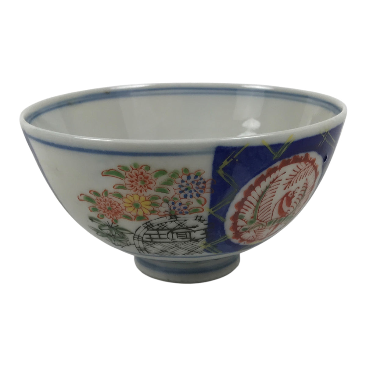 Japanese Porcelain Rice Bowl Chawan Vtg White Blue Red Floral Bird Lattice Y618-KT - Bowl-chidorivintage.com
