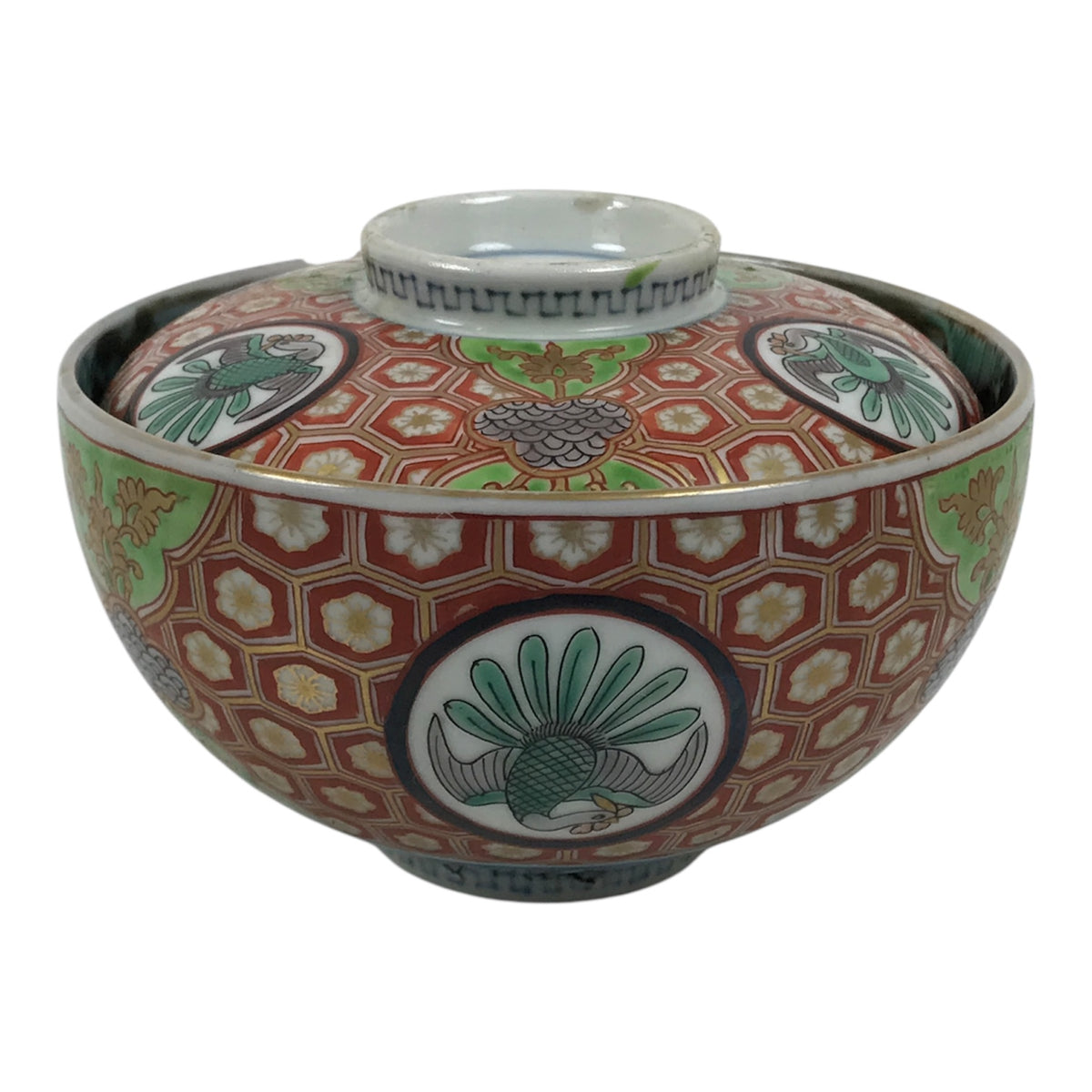 Antique Japanese Porcelain Lidded Bowl Owan Red Gold Green Blue Peacock Y622-KT - Bowl-chidorivintage.com