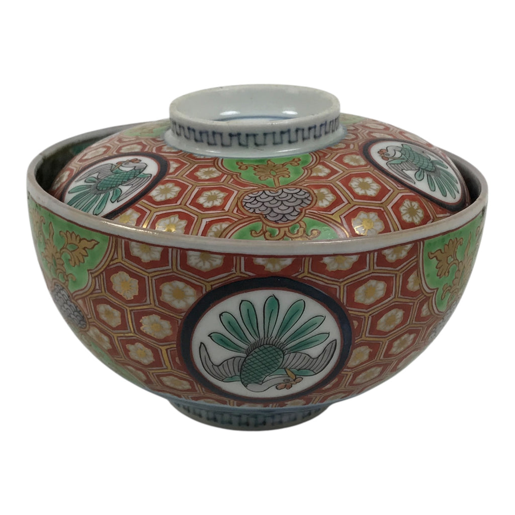 Antique Japanese Porcelain Lidded Bowl Owan Red Gold Green Blue Peacock Y623-KT - Bowl-chidorivintage.com