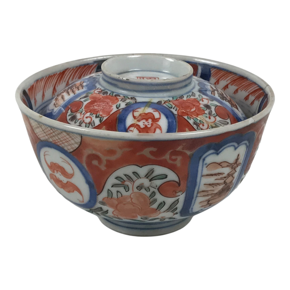 Japanese Porcelain Lidded Bowl Owan Vtg Red Green Blue Floral Leaf Pagoda Y625-KT - Bowl-chidorivintage.com