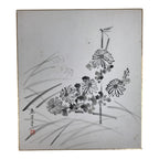 Japanese Shikishi Art Board Vtg Painting Black White Chrysanthemums Kiku A846-AD - Painting-chidorivintage.com