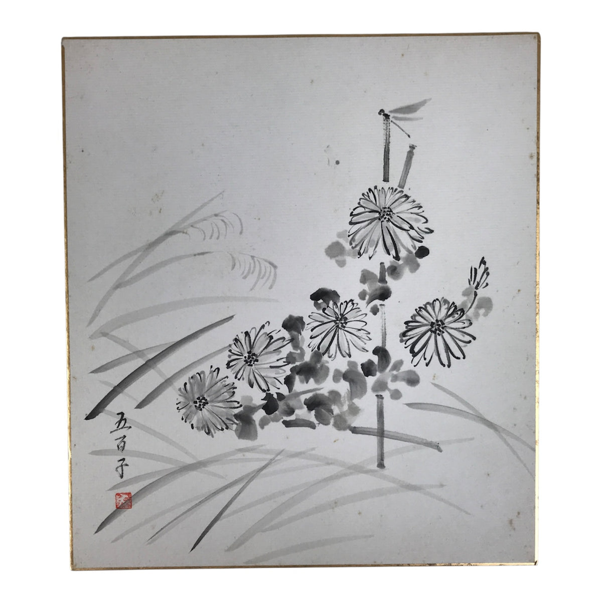 Japanese Shikishi Art Board Vtg Painting Black White Chrysanthemums Kiku A846-AD - Painting-chidorivintage.com