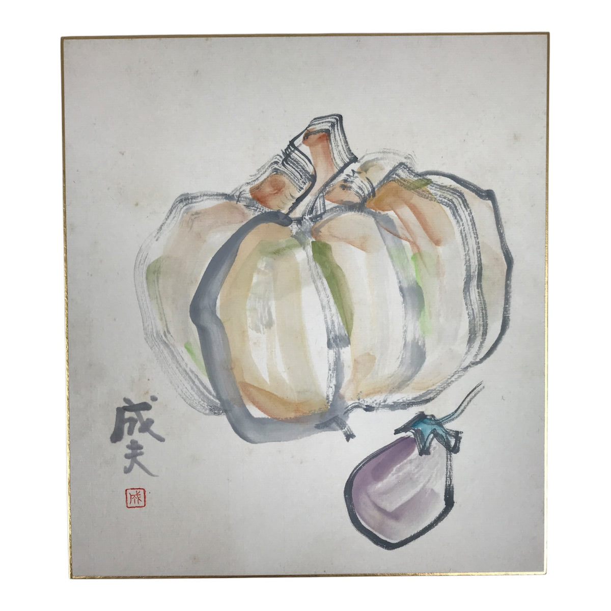 Japanese Shikishi Art Board Vtg Painting Kabocha Nasu Pumpkin Eggplant A847-AD - Painting-chidorivintage.com