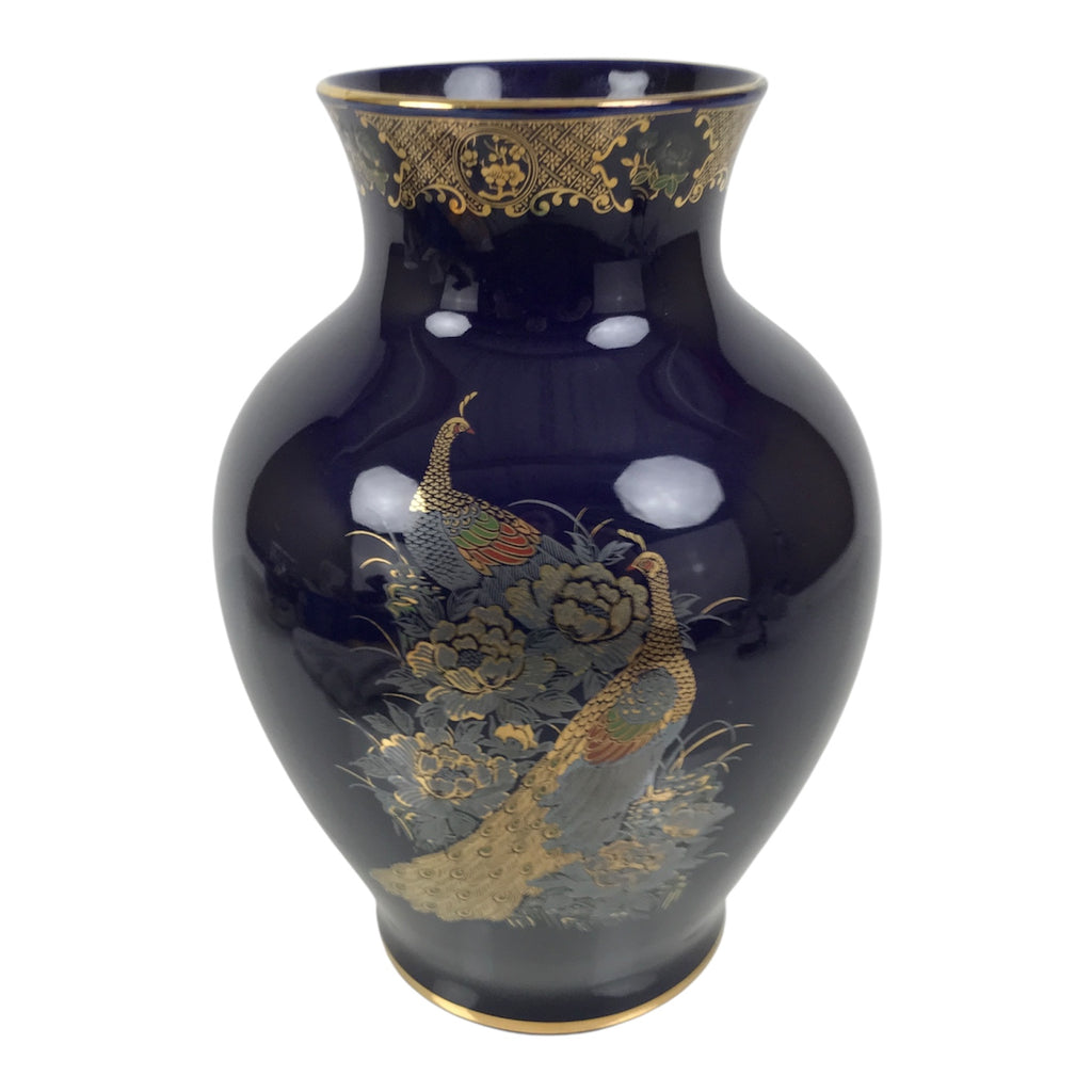 Japanese Porcelain Flower Vase Vtg Kabin Blue Peacock Bird Gold Floral FK268-KT - Vase-chidorivintage.com