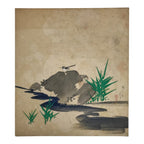 Japanese Shikishi Art Board Vtg Silk Painting River Bird Gray Green Blue A855-AD - Painting-chidorivintage.com