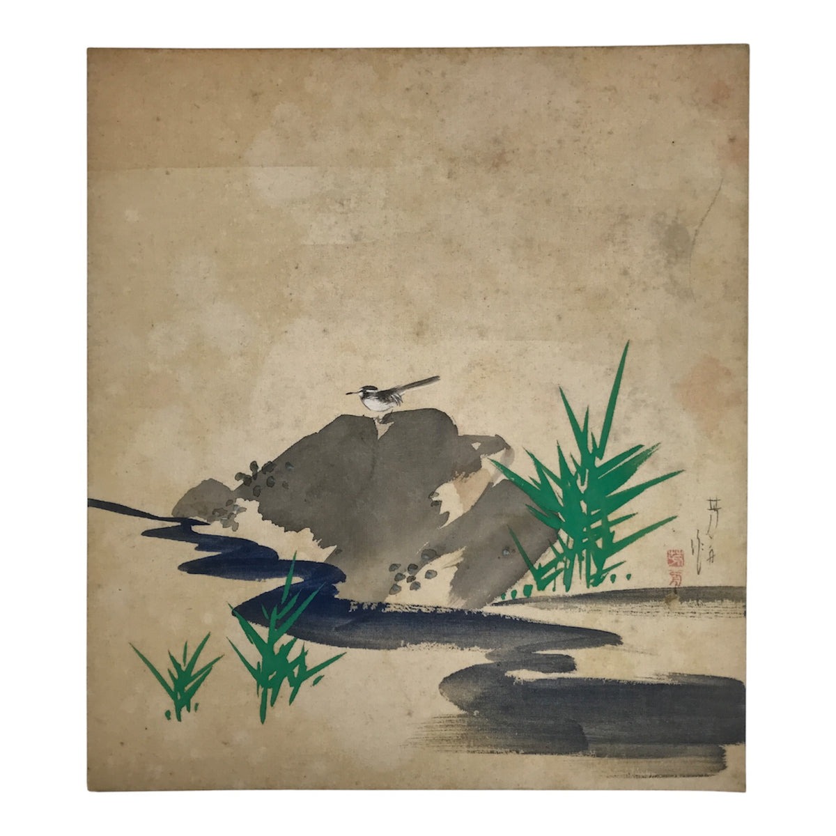 Japanese Shikishi Art Board Vtg Silk Painting River Bird Gray Green Blue A855-AD - Painting-chidorivintage.com