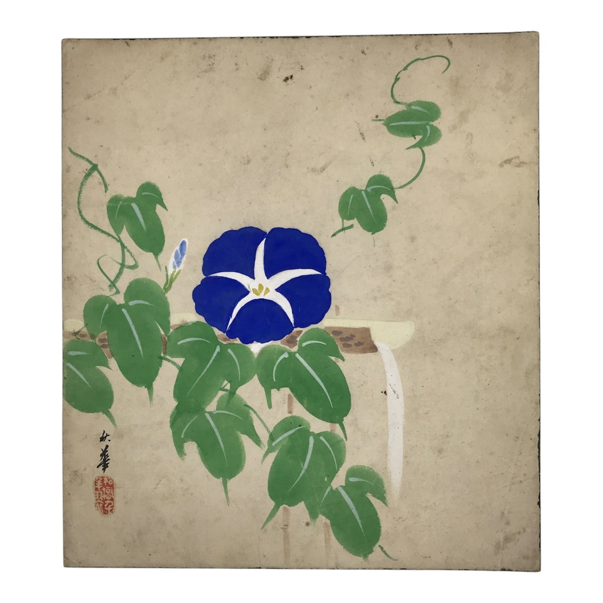 Japanese Shikishi Art Board Vtg Painting Morning Glory Summer Blue Green A856-AD - Painting-chidorivintage.com