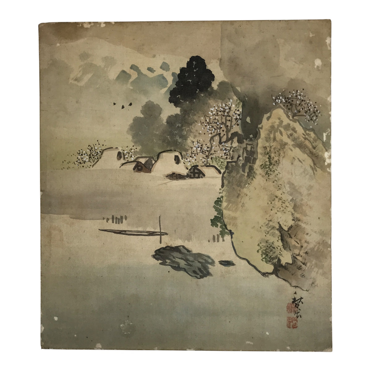 Japanese Shikishi Art Board Vtg Silk Painting Mountains Village Snow Gray A857-AD - Painting-chidorivintage.com