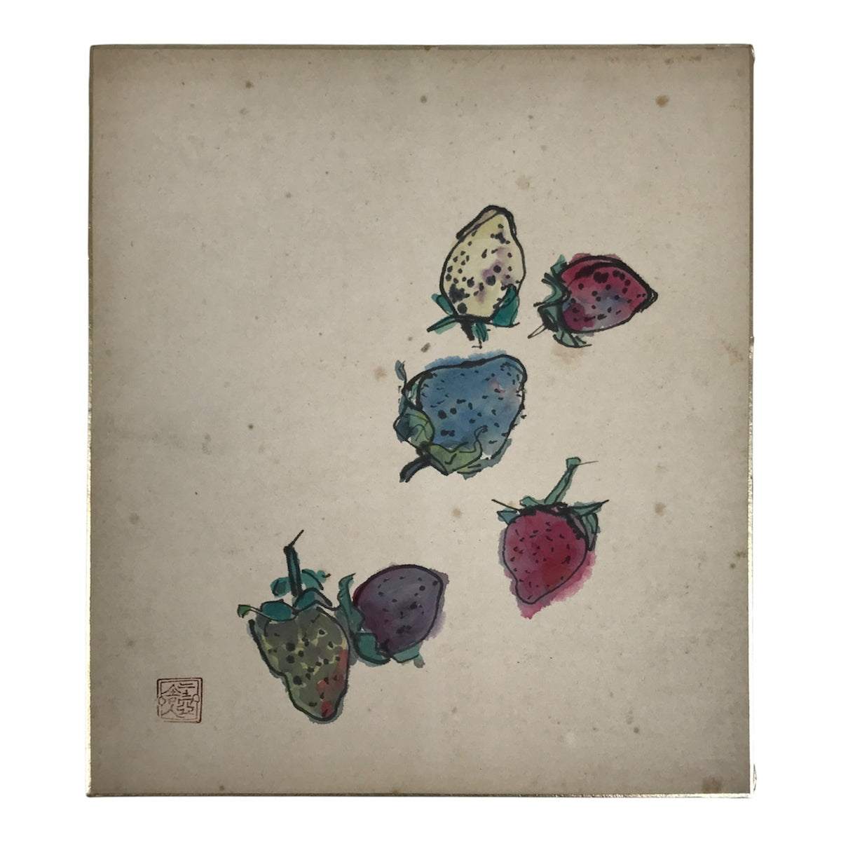 Japanese Shikishi Art Board Vtg Painting Strawberry Fruits Red Blue Green A861-AD - Painting-chidorivintage.com