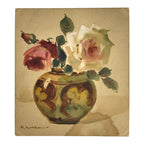 Japanese Shikishi Art Board Vtg Silk Painting Rose Flower Vase Red White A862-AD - Painting-chidorivintage.com