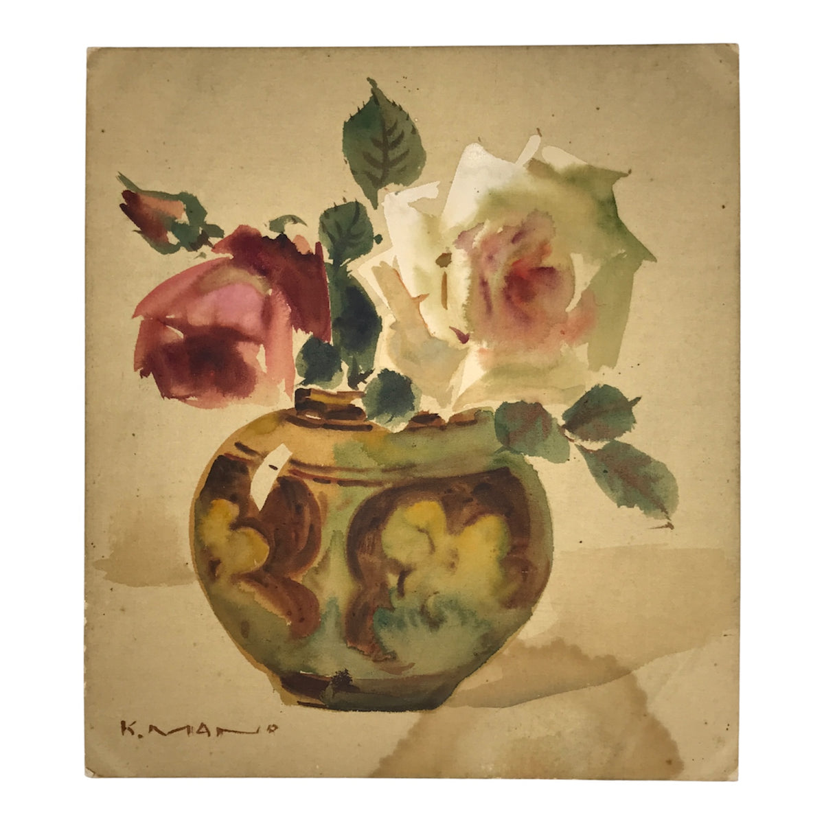 Japanese Shikishi Art Board Vtg Silk Painting Rose Flower Vase Red White A862-AD - Painting-chidorivintage.com