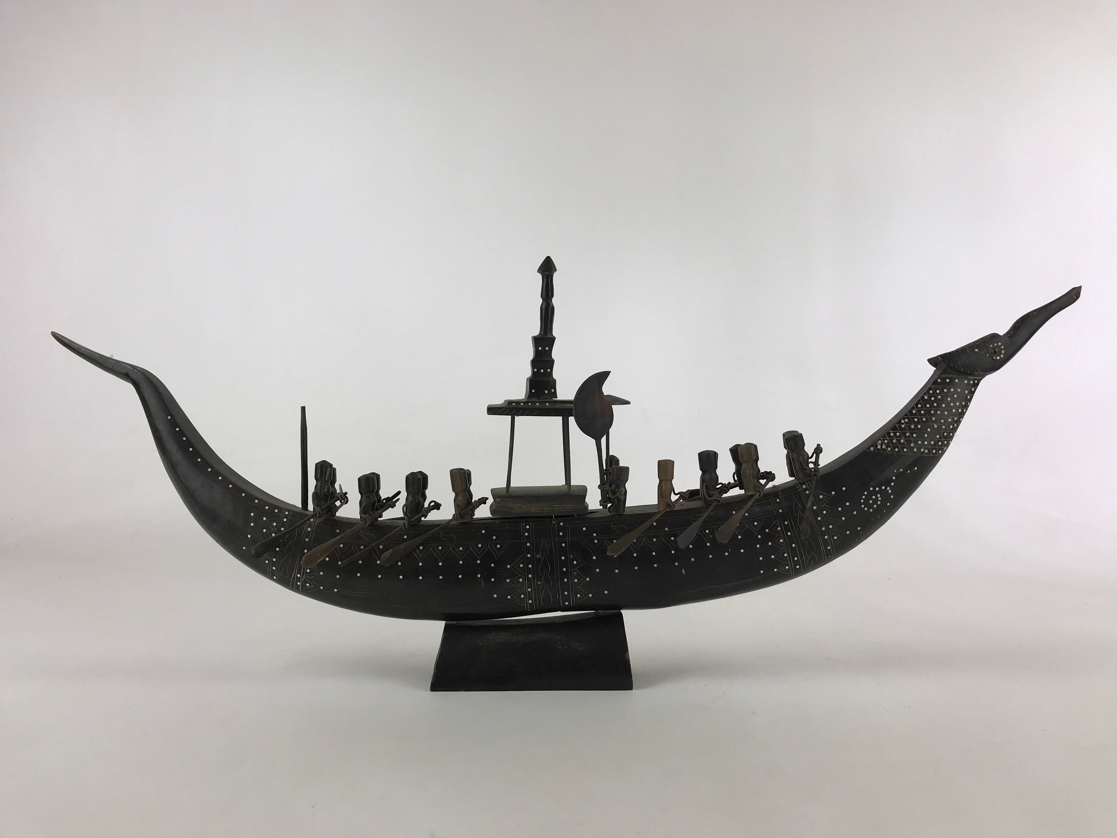 South East Asian Carved Wooden Boat Figure Vtg Ship Canoe Decoration Black BD925