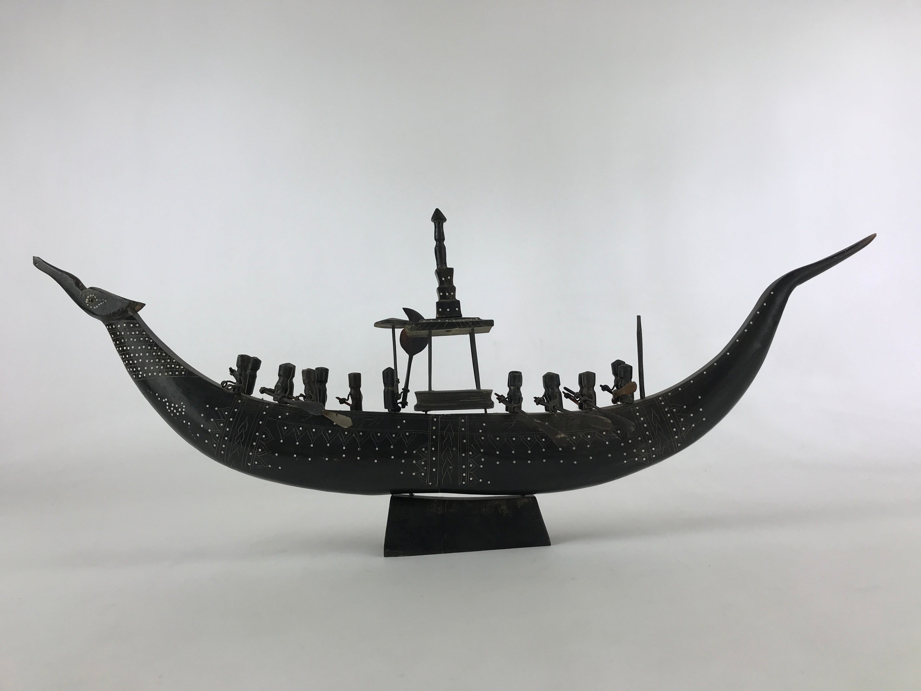 South East Asian Carved Wooden Boat Figure Vtg Ship Canoe Decoration Black BD925