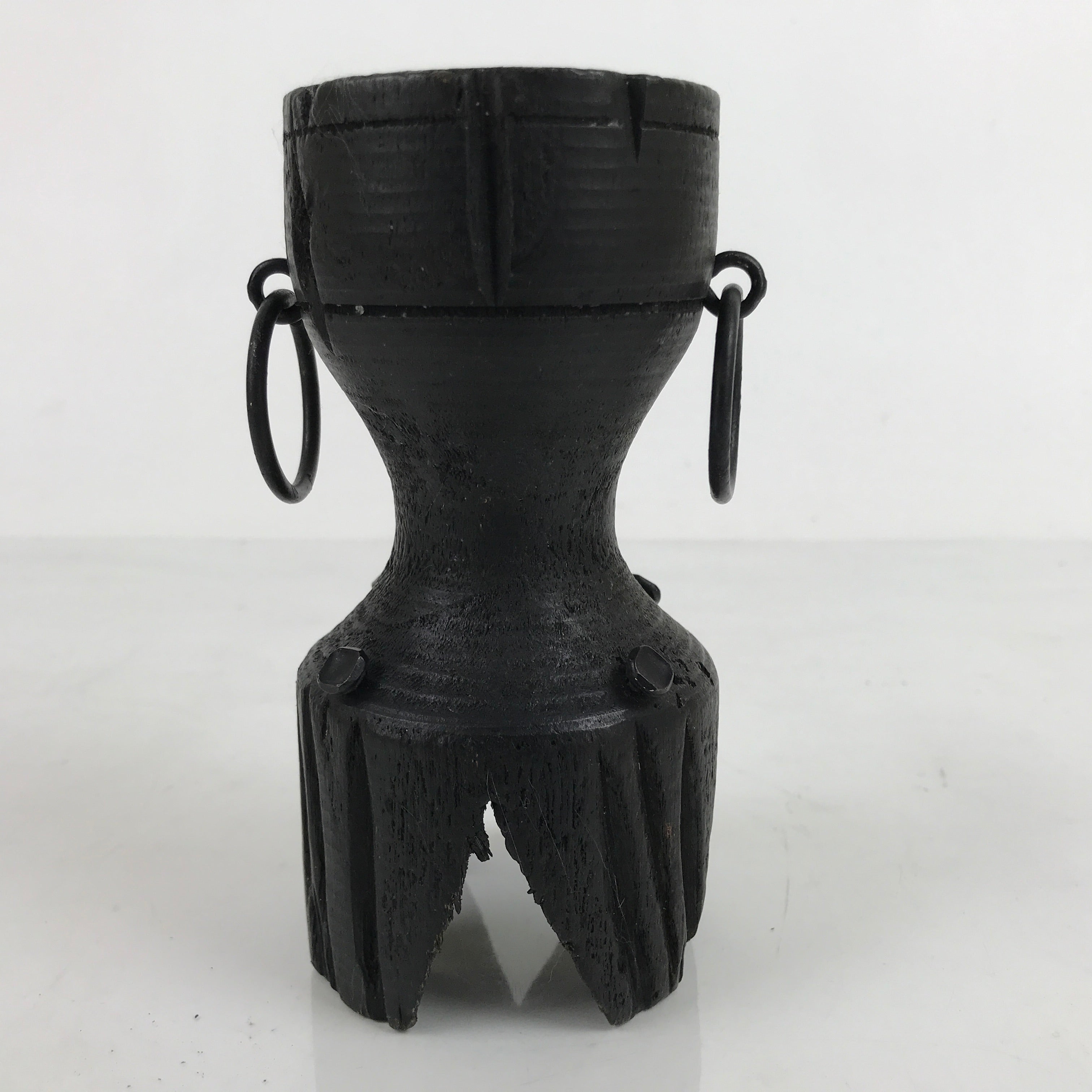 Vintage African Handcarved Wooden Rustic Candlestick Vtg Black Metal Handle L280