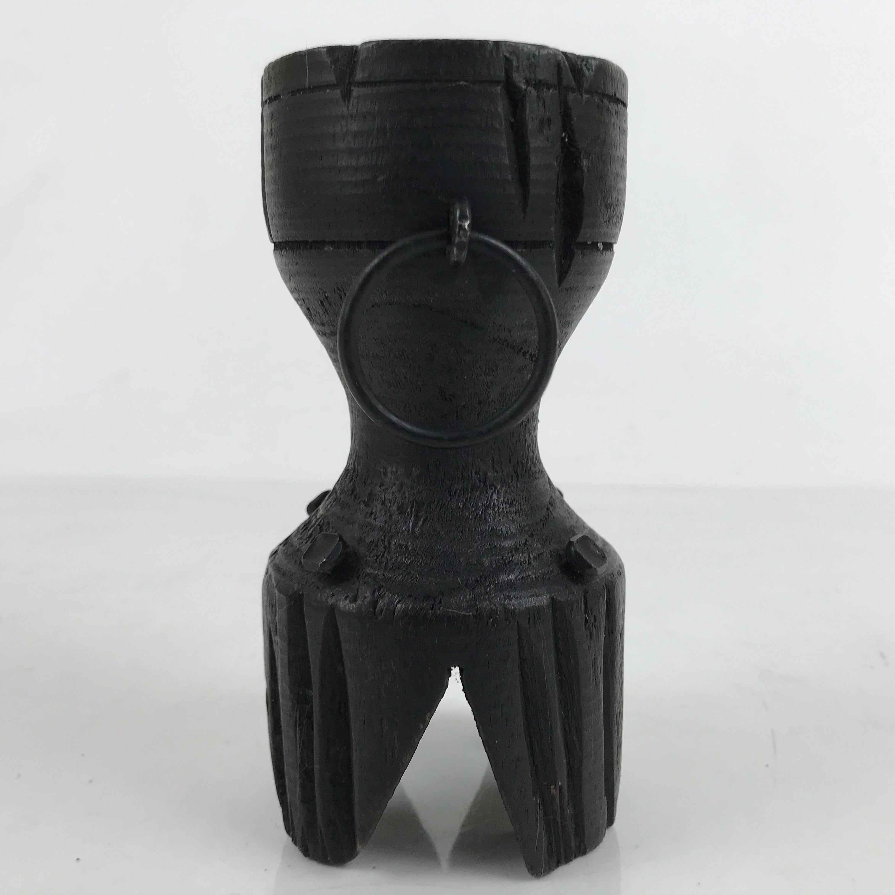 Vintage African Handcarved Wooden Rustic Candlestick Vtg Black Metal Handle L280