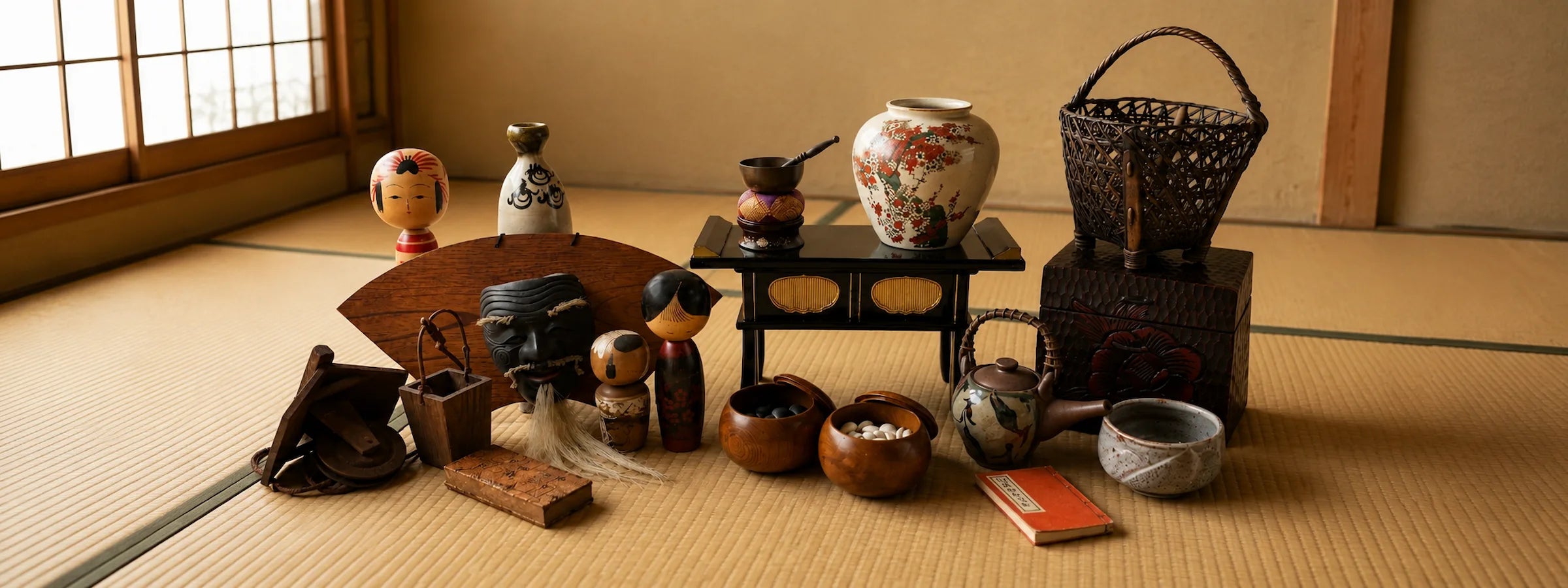 Assortment of vintage Japanese antiques displayed in a traditional tatami room, including pottery, kokeshi dolls, lacquerware, bamboo basket, tea utensils, and folk art
