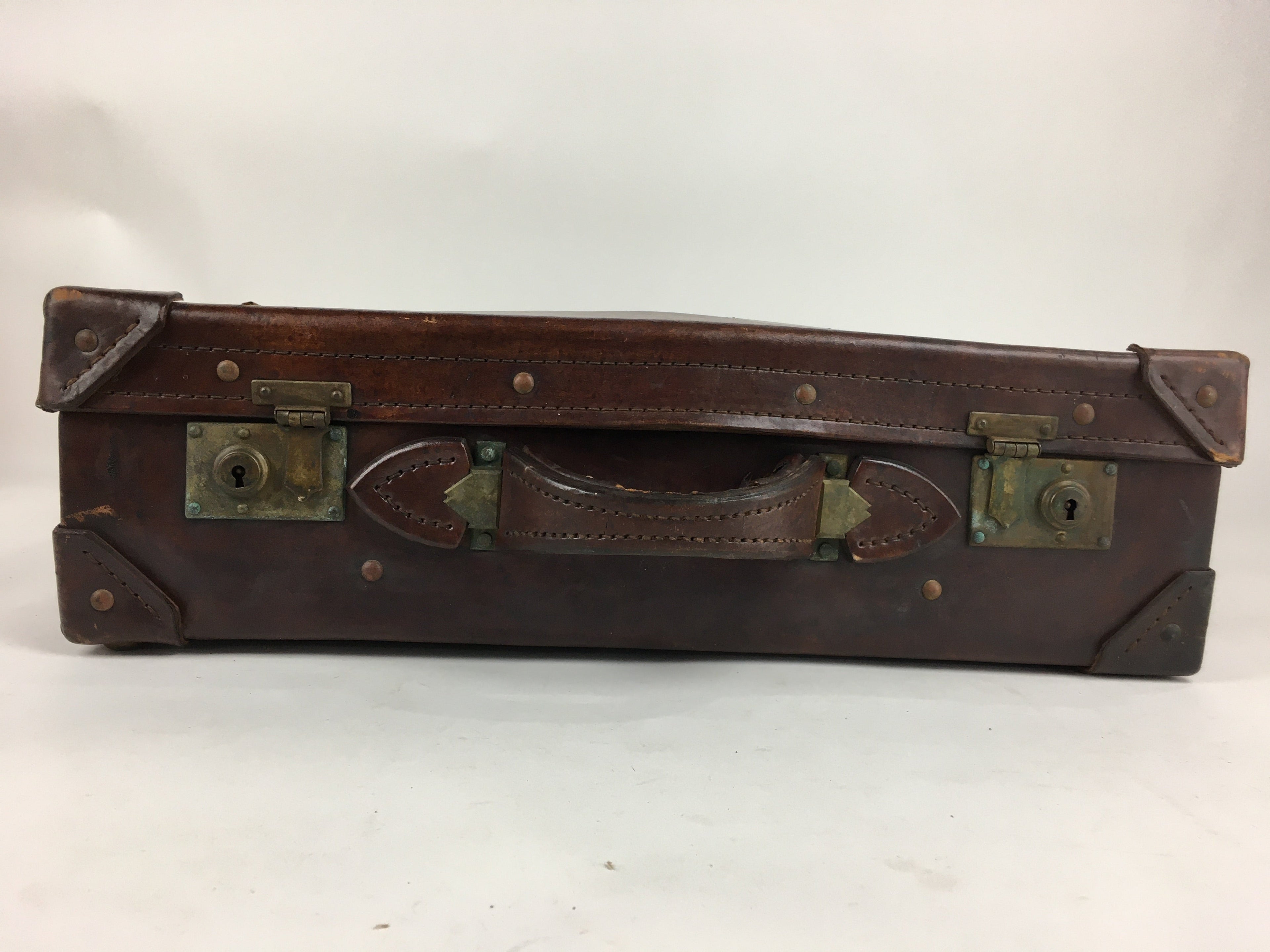 Antique C1900 Japanese Attache Brown Leather Suitcase Briefcase Lock KB33