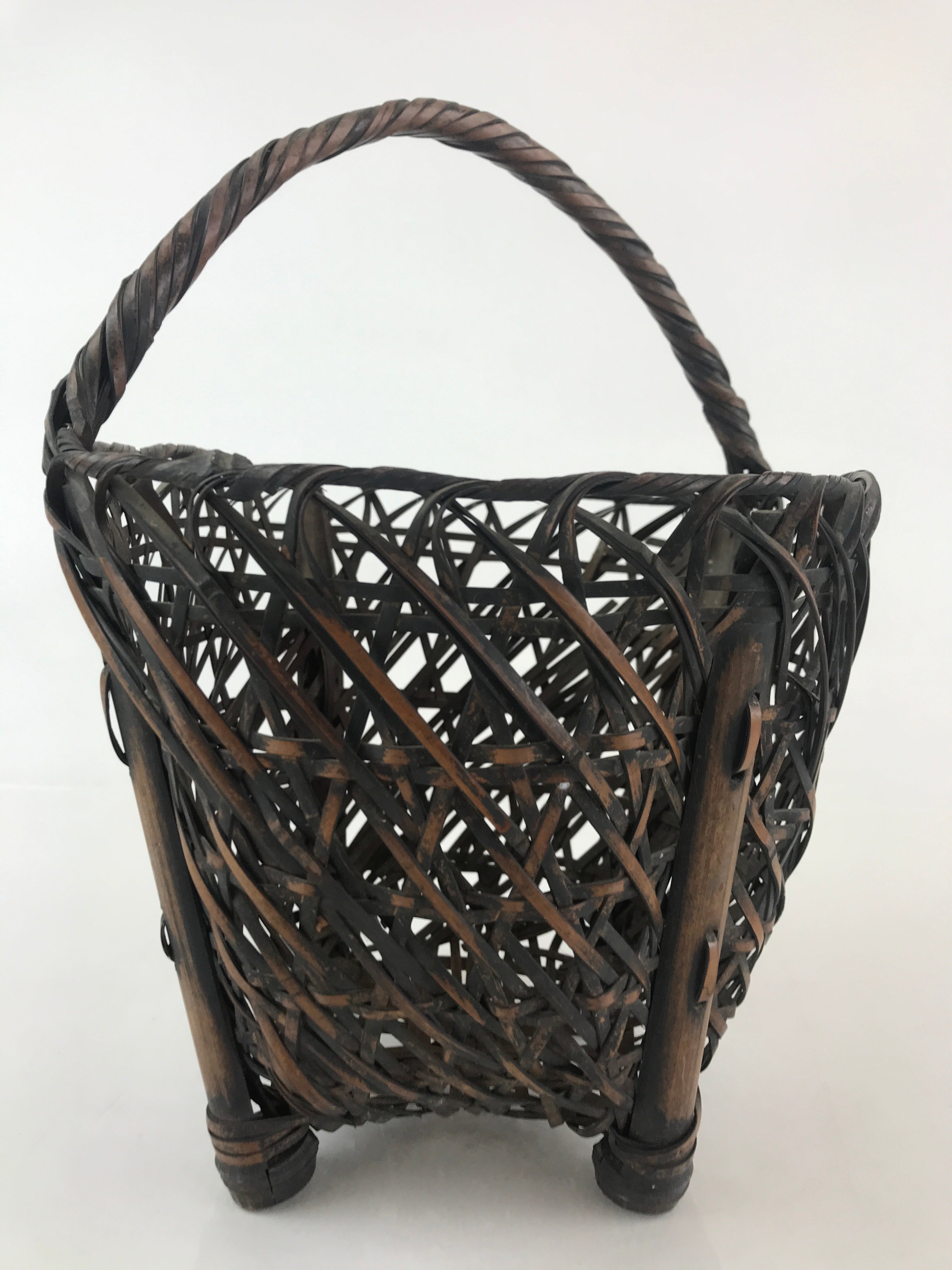 Antique C1900 Japanese Bamboo Basket Kago Brown Ikebana Arrangement Kado B210