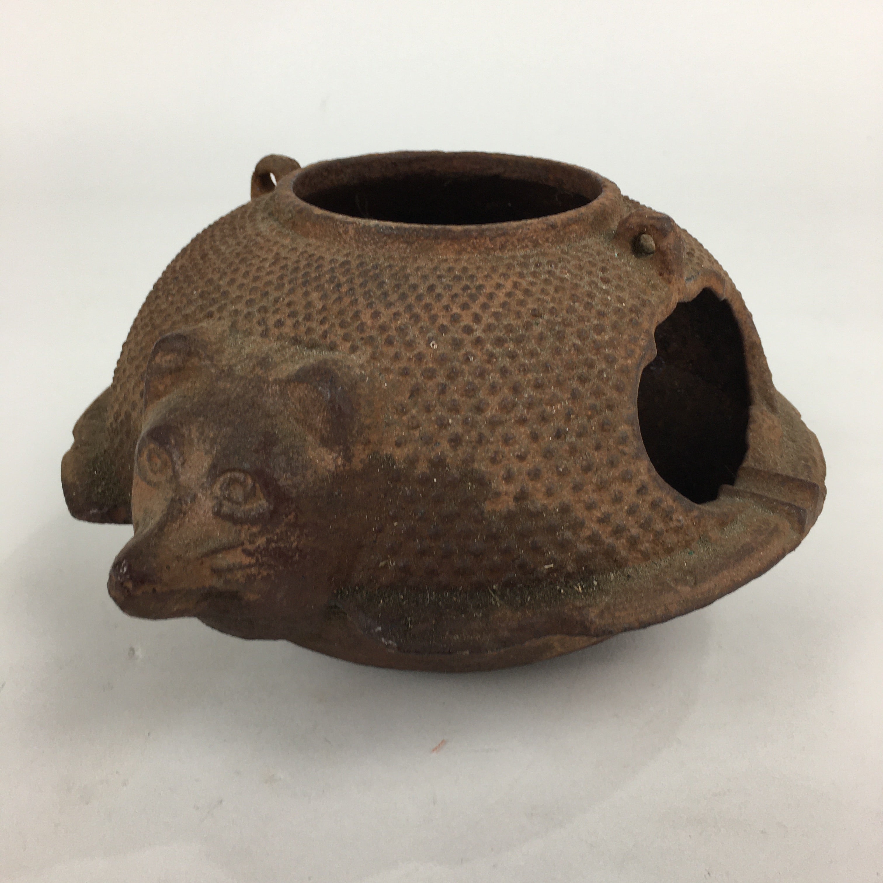 Antique C1900 Japanese Cast Iron Ashtray Raccoon Chagama Nanbu Tekki Brown T83