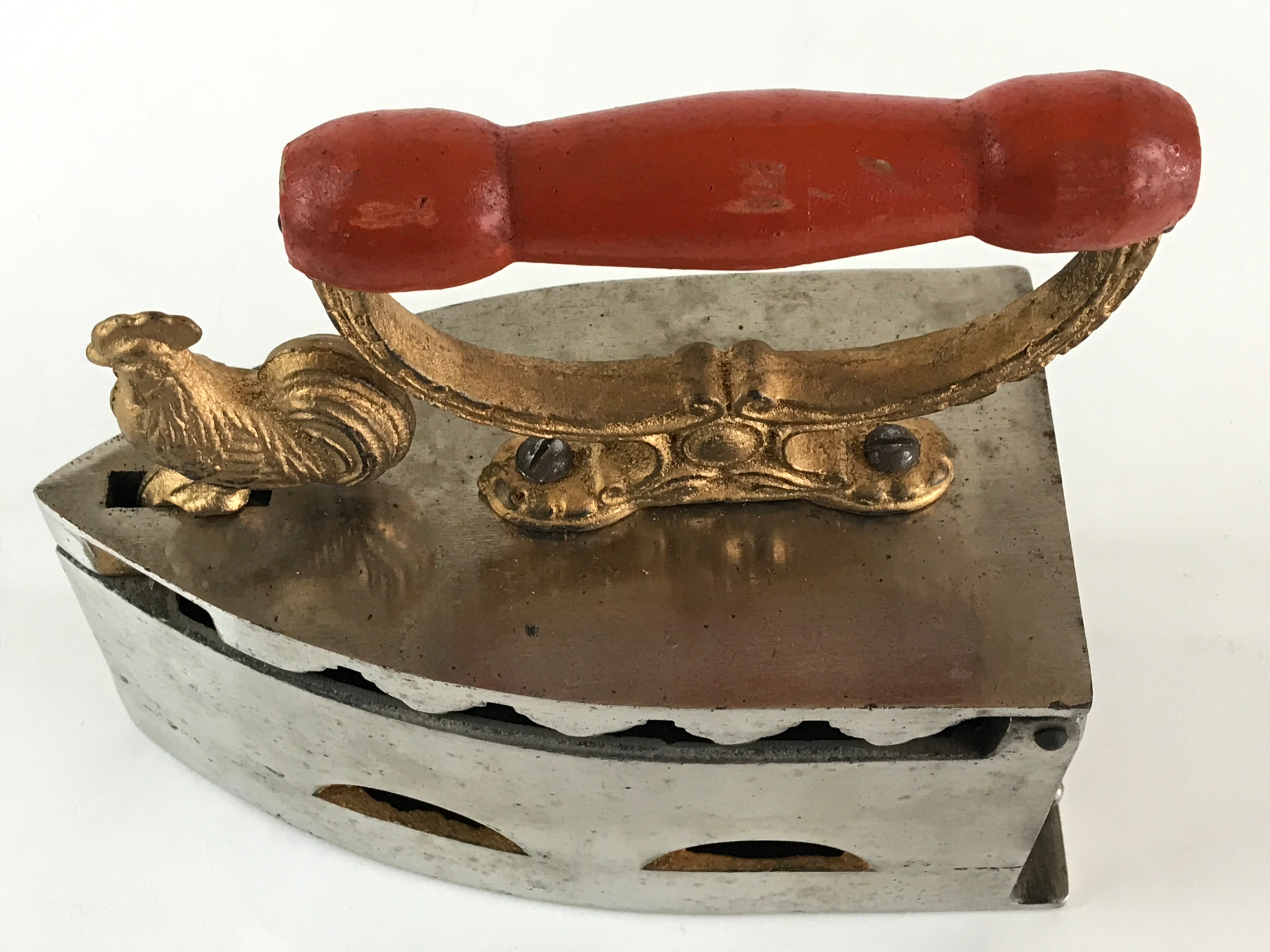 Antique C1900 Japanese Charcoal Sad Cloth Iron Gold Rooster Wood Handle JK440