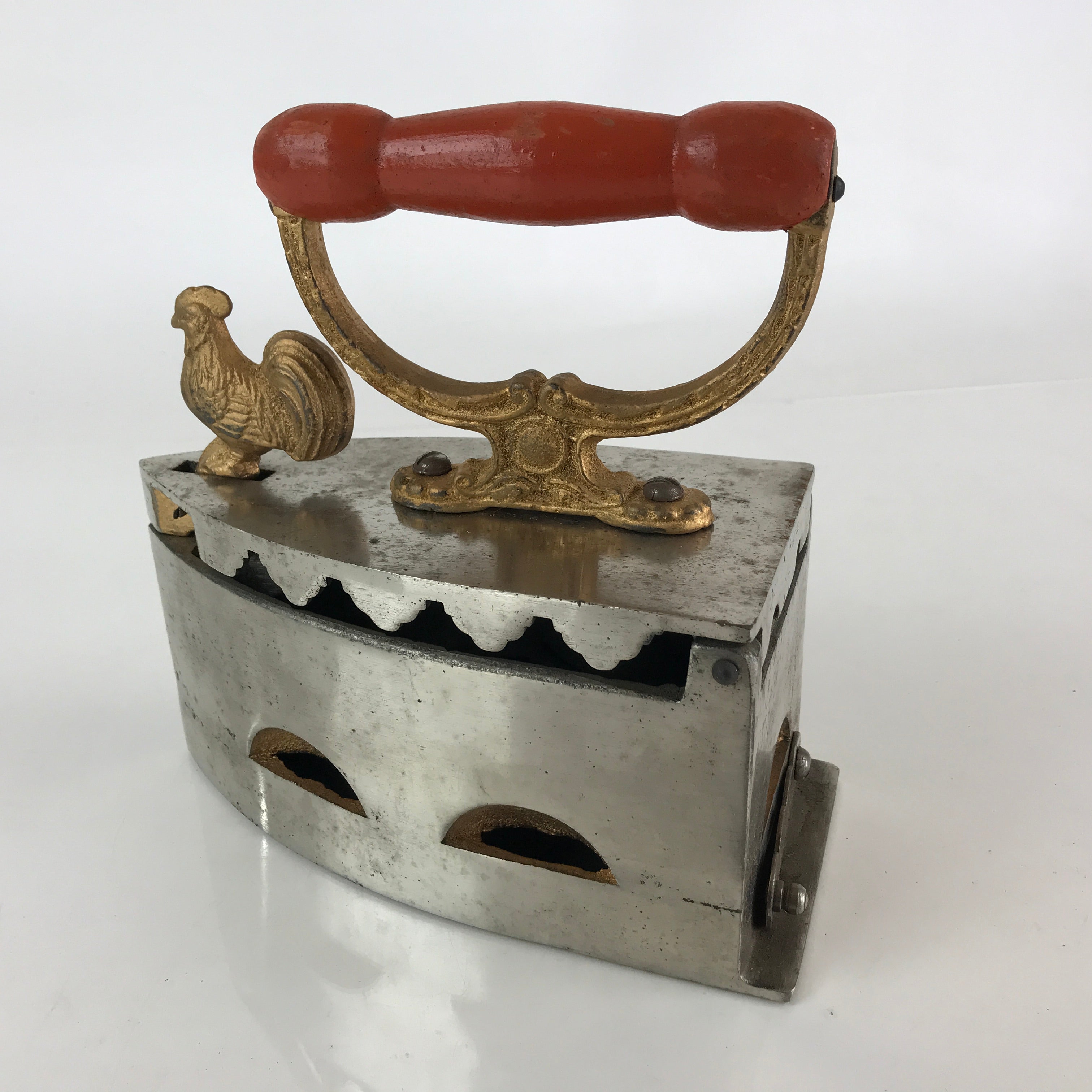 Antique C1900 Japanese Charcoal Sad Cloth Iron Gold Rooster Wood Handle JK440