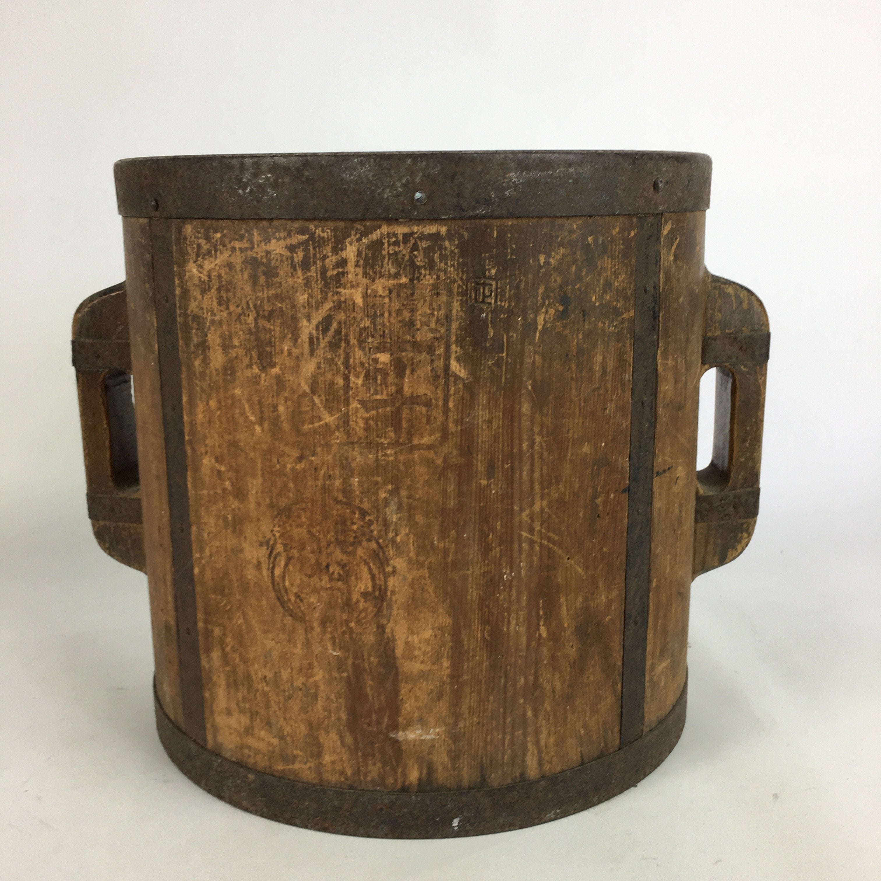 Antique C1900 Japanese Handmade Wooden Rice Bucket Masu Brown JK220