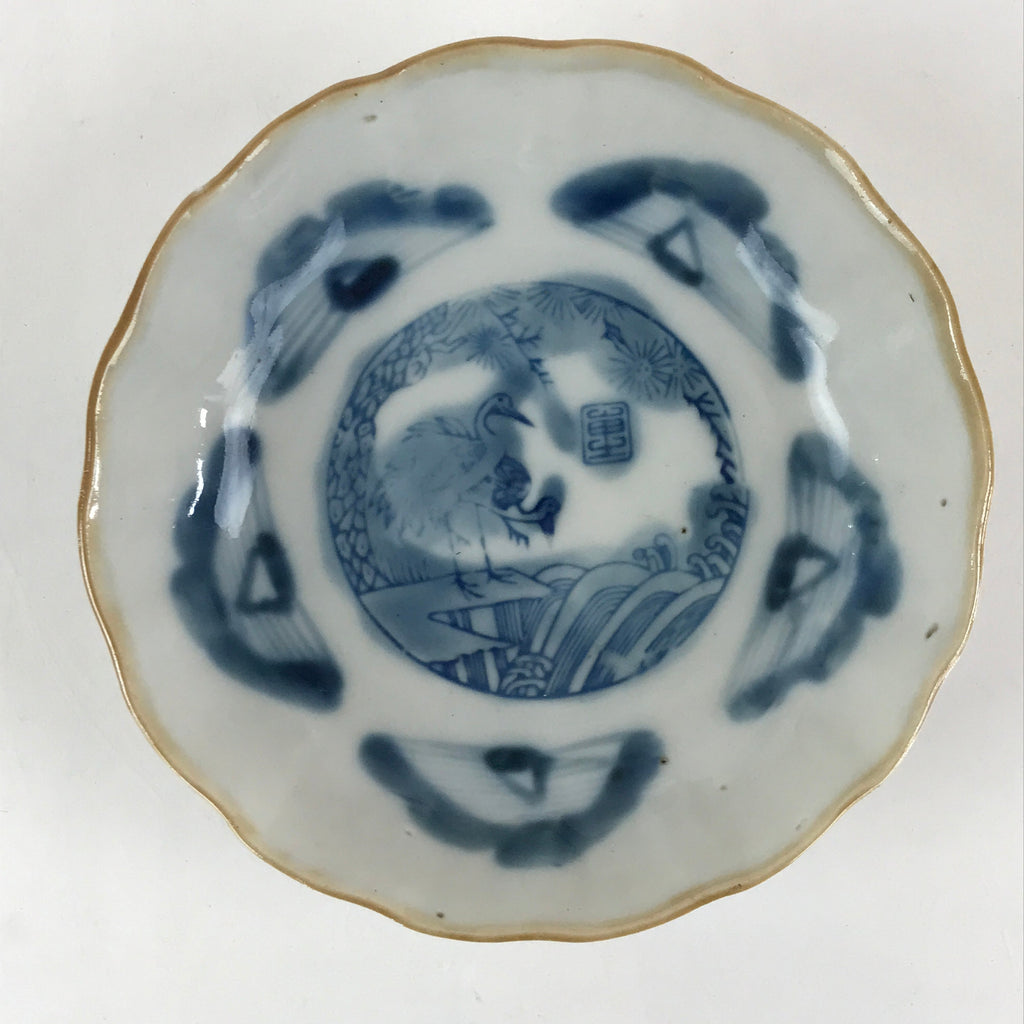 Antique C1900 Japanese Porcelain Bowl Blue Sometsuke Crane White PY207