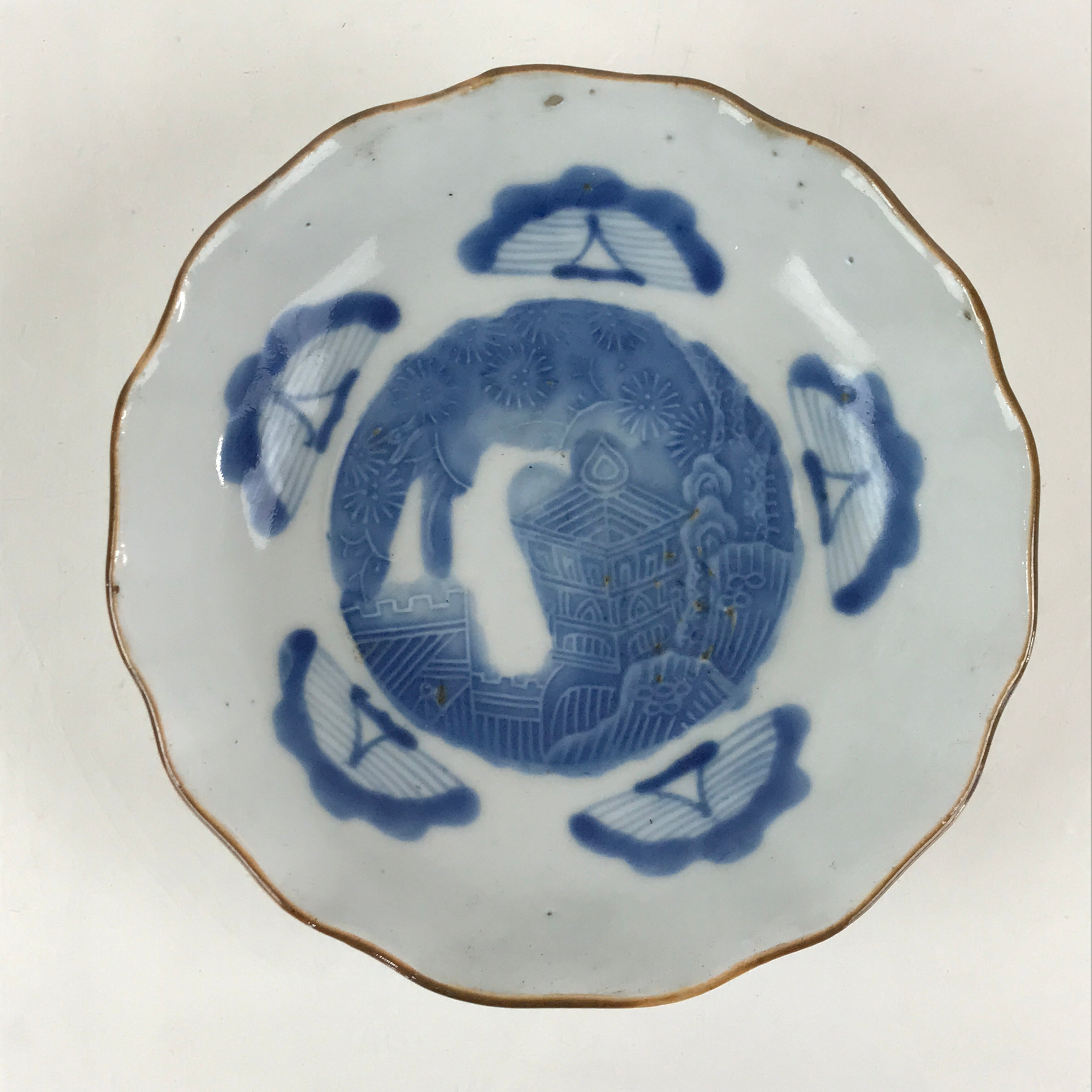 Antique C1900 Japanese Porcelain Bowl Blue Sometsuke Tower White PY210