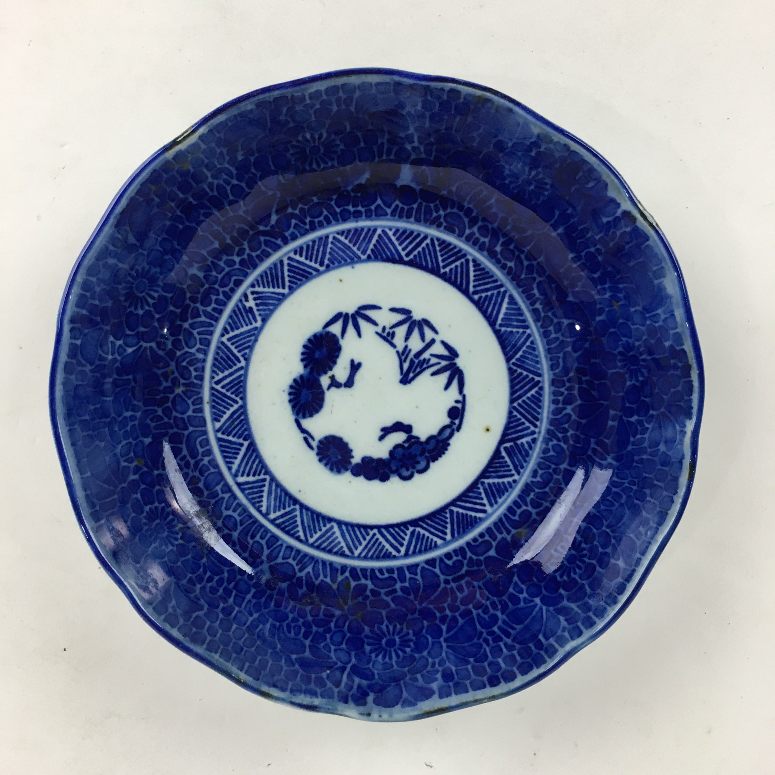 Antique C1900 Japanese Porcelain Deep Plate Sometsuke Blue Flower PY10