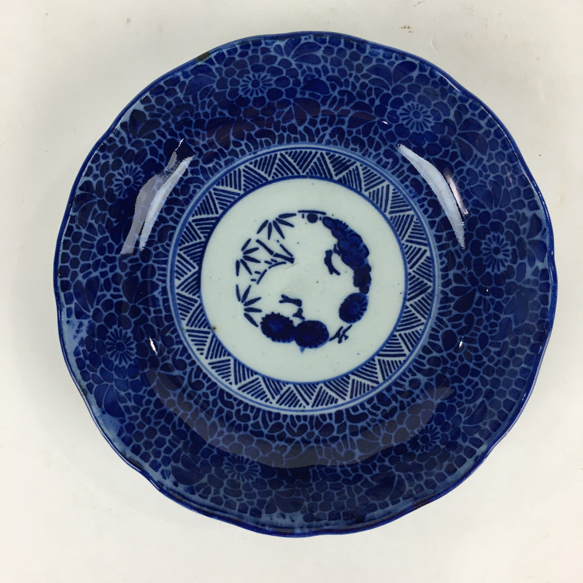 Antique C1900 Japanese Porcelain Deep Plate Sometsuke Blue Flower PY18