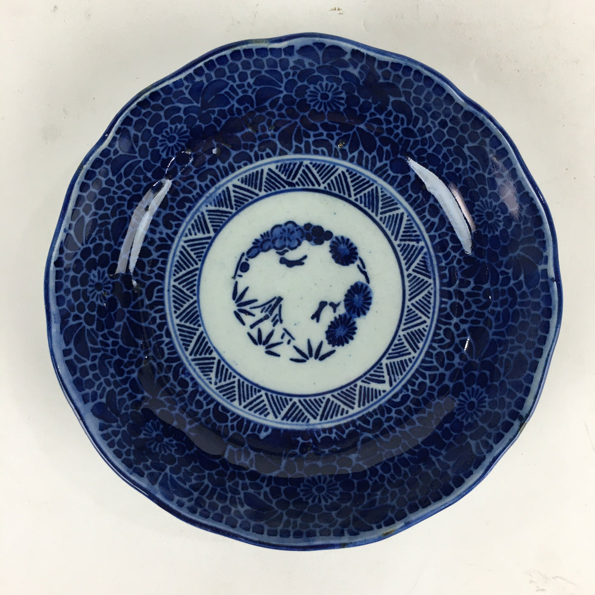 Antique C1900 Japanese Porcelain Deep Plate Sometsuke Blue Flower PY19