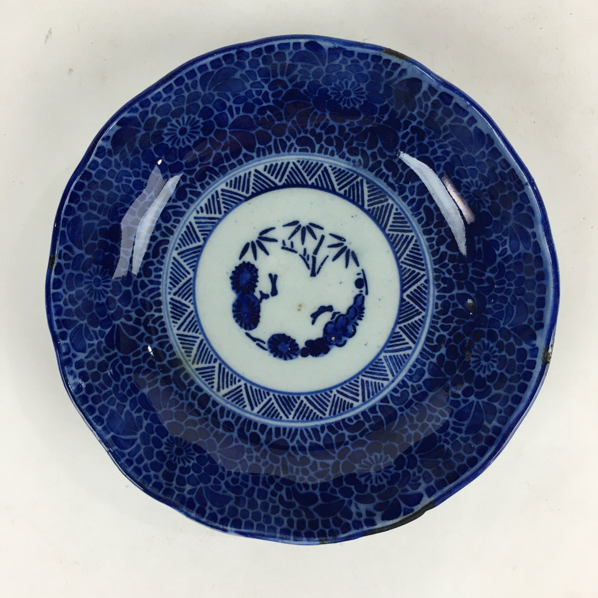 Antique C1900 Japanese Porcelain Deep Plate Sometsuke Blue Flower PY24