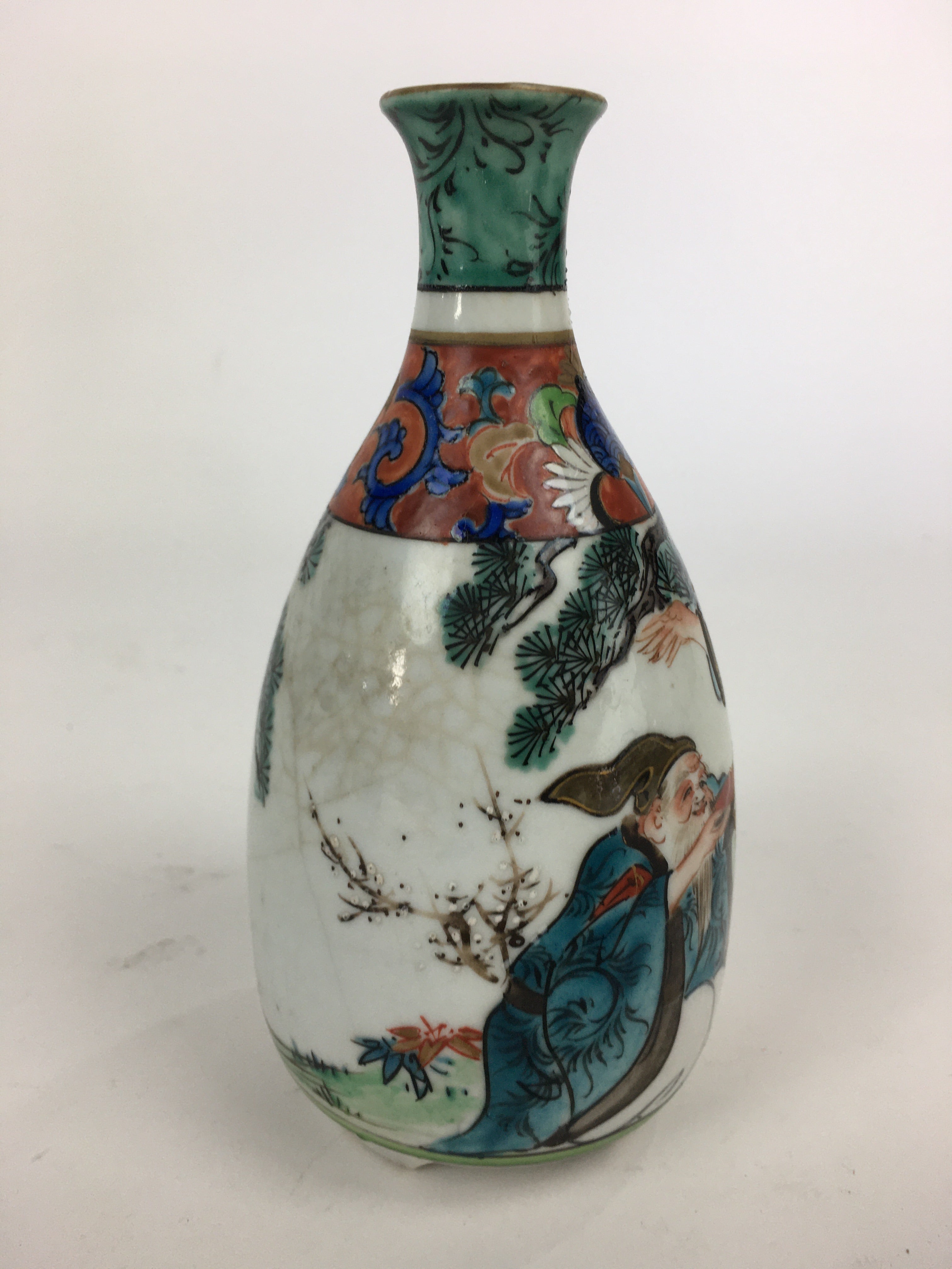 Antique C1900 Japanese Porcelain Kutani Ware Hand-drawn Sake Bottle Tokkuri TS32